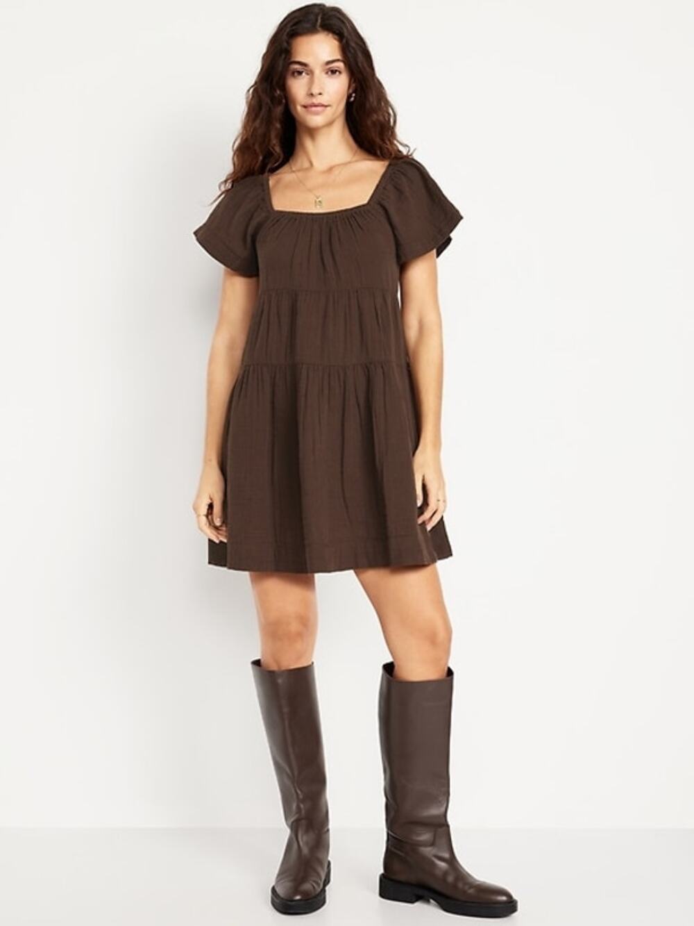 Old Navy Chocolate Brown Crinkle Gauze Tiered Mini Dress Size Large